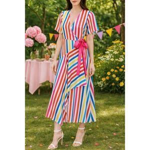 Color‎ Me Courtney Dress White Multicolor Stripe Taira Wrap Maxi